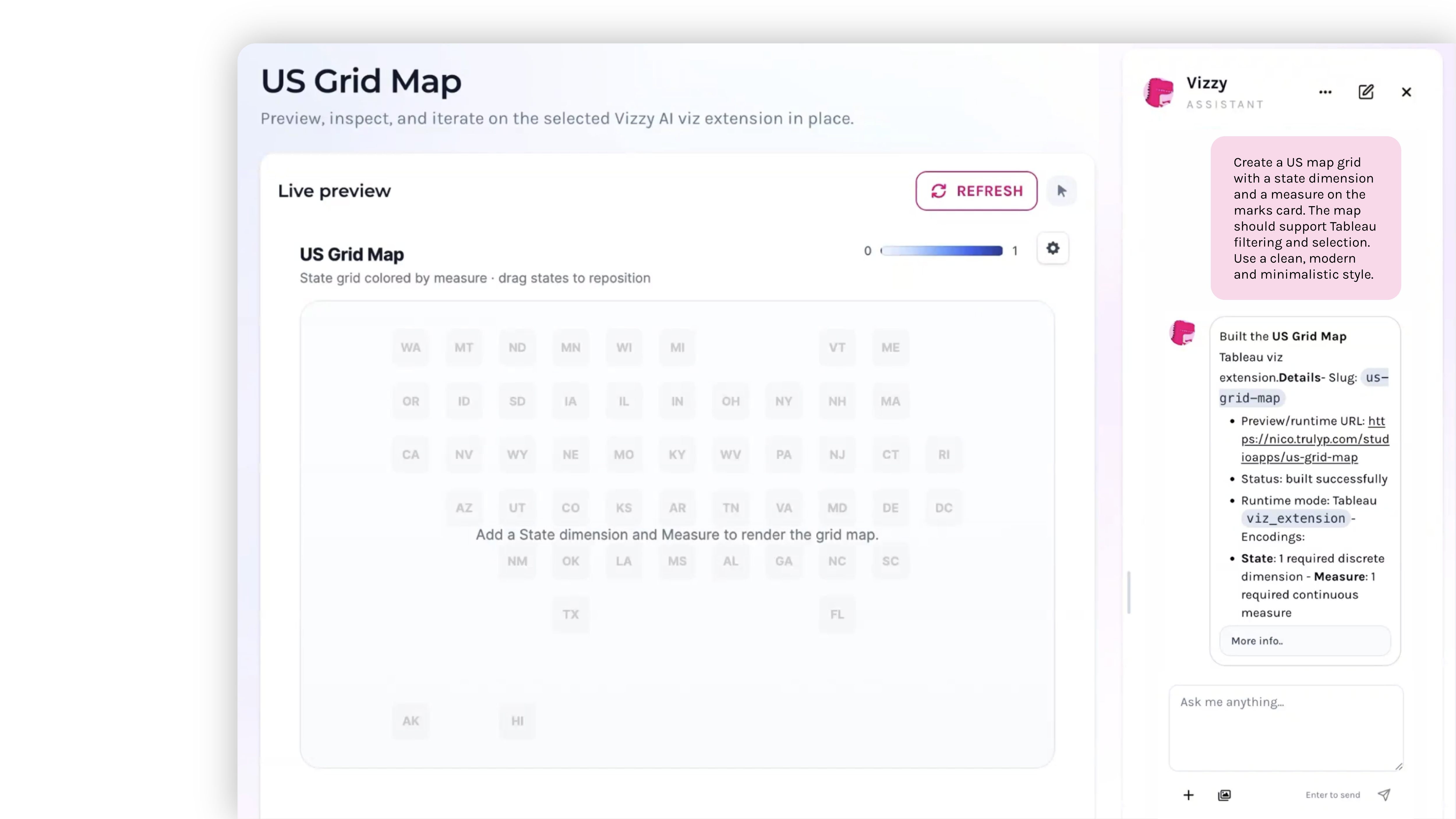 Trulyp Studio showing Vizzy AI building a US Grid Map Tableau viz extension with a live preview
